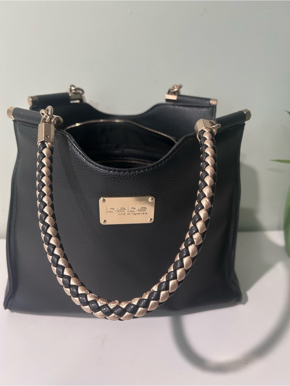 bebe Black Satchel with Braided Gold-Accent Handles